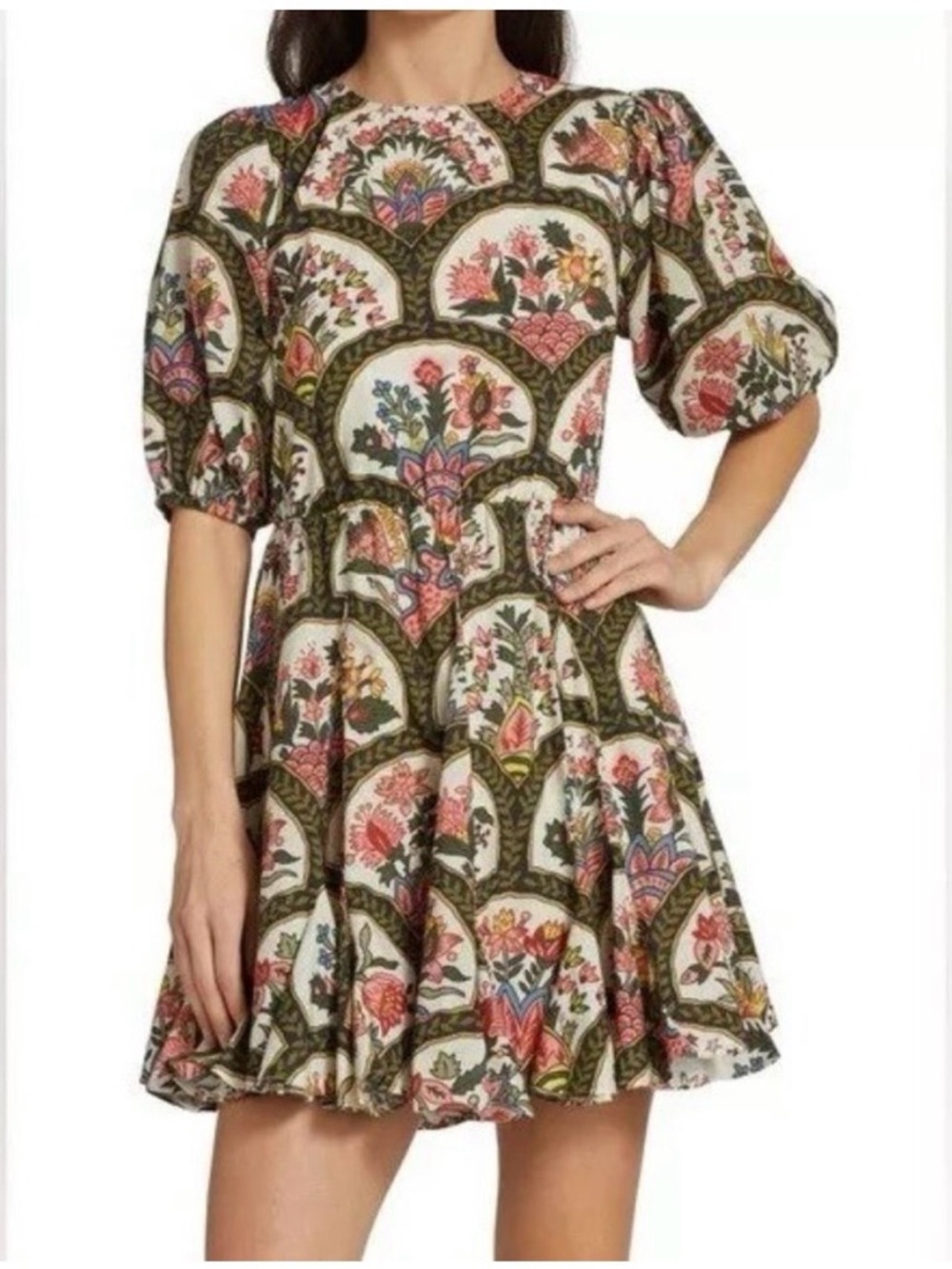RHODE Olive & Cream Floral Puff Sleeve Mini Dress